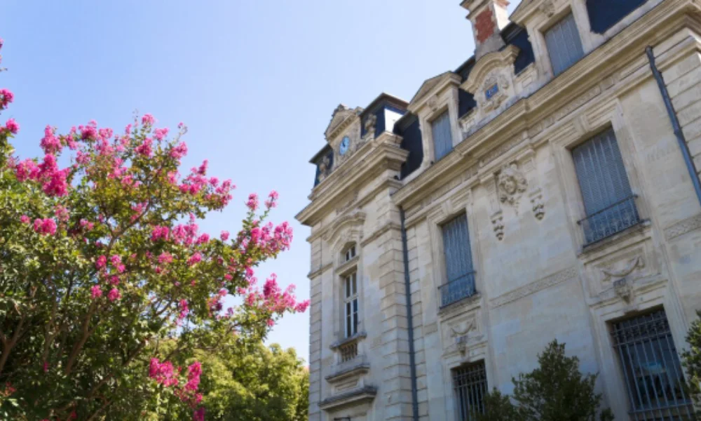 Elegant white stone building with ornate windows and sloped roof against a clear sky-rick steves paris hotels