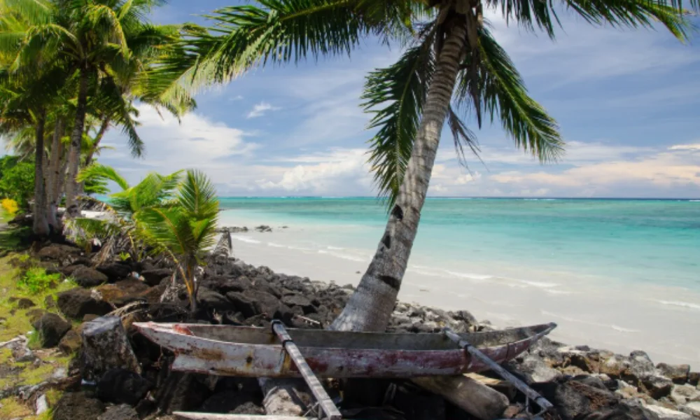 A weathered canoe rests on a rocky shore beneath leaning palm trees-travel destinations in cuba