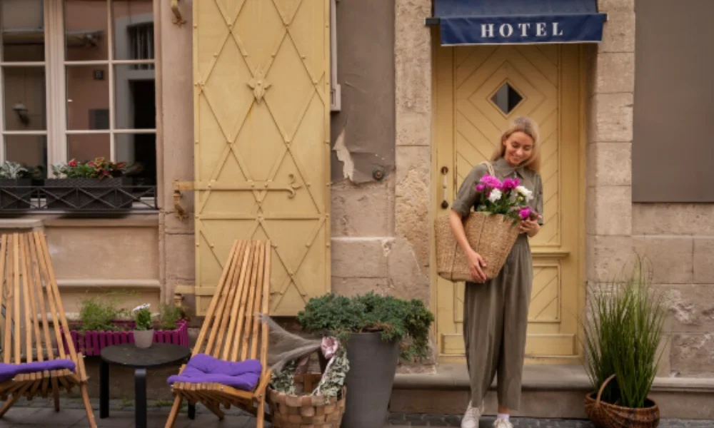 A woman in casual attire stands by a hotel entrance