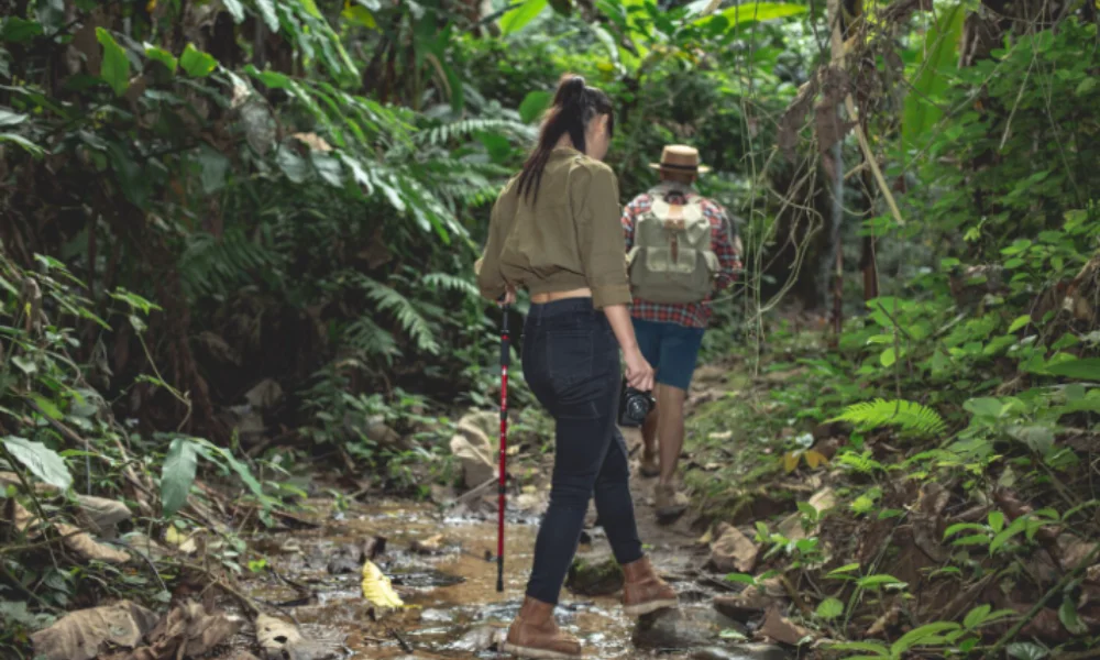 Two people hiking through a lush, green jungle-places to visit in peru