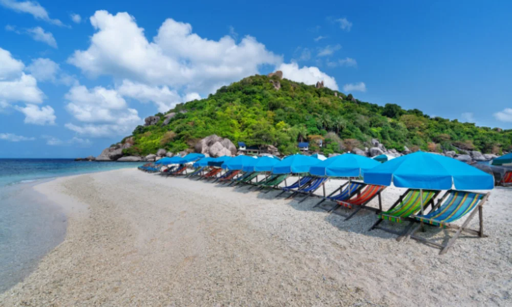 A row of colorful beach chairs with blue umbrellas line a sandy beach
