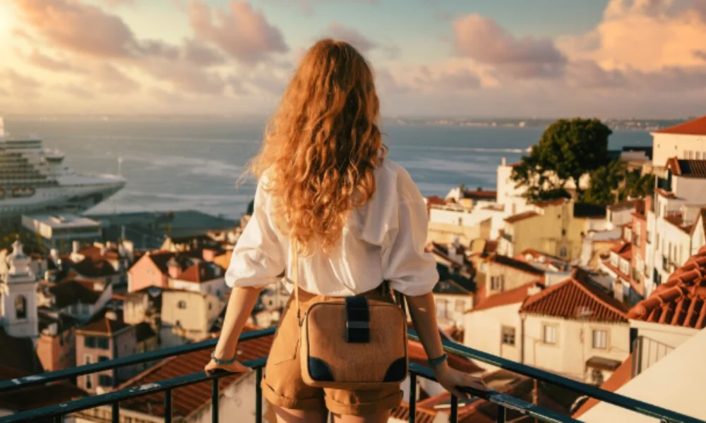 A woman with curly hair stands on a balcony overlooking a seaside town with red-tiled roofs at sunset-places to visit in portugal