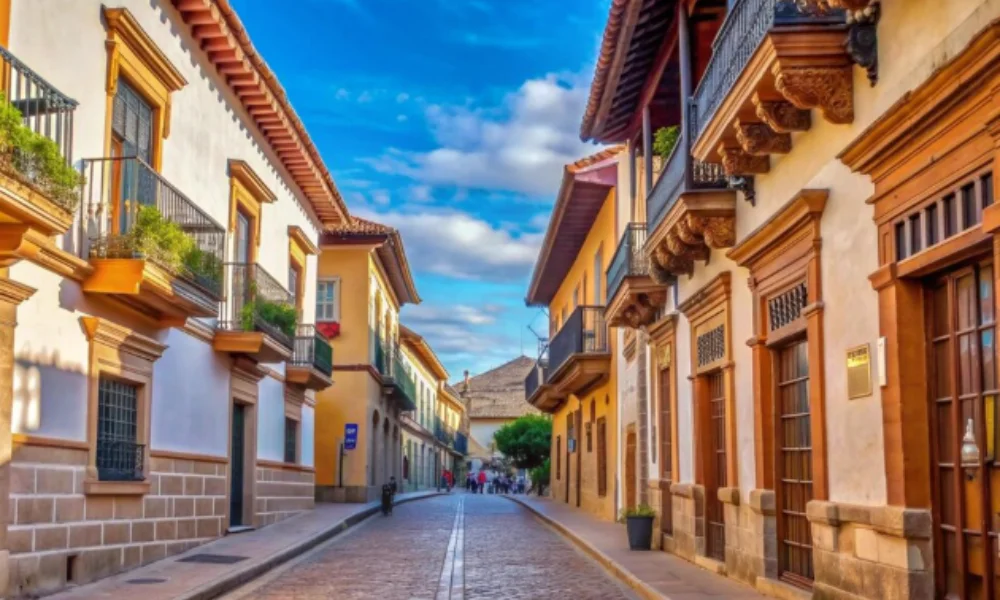A picturesque cobblestone street lined with colorful, historic colonial buildings