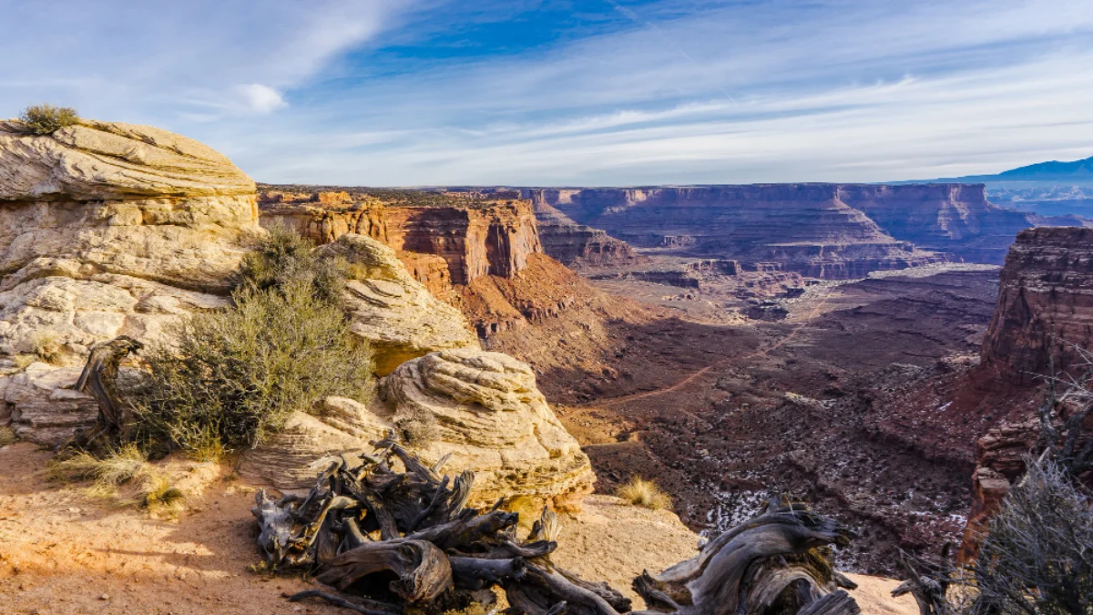 Vast canyon landscape under a bright sky