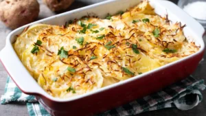 Golden potato gratin in a red baking dish