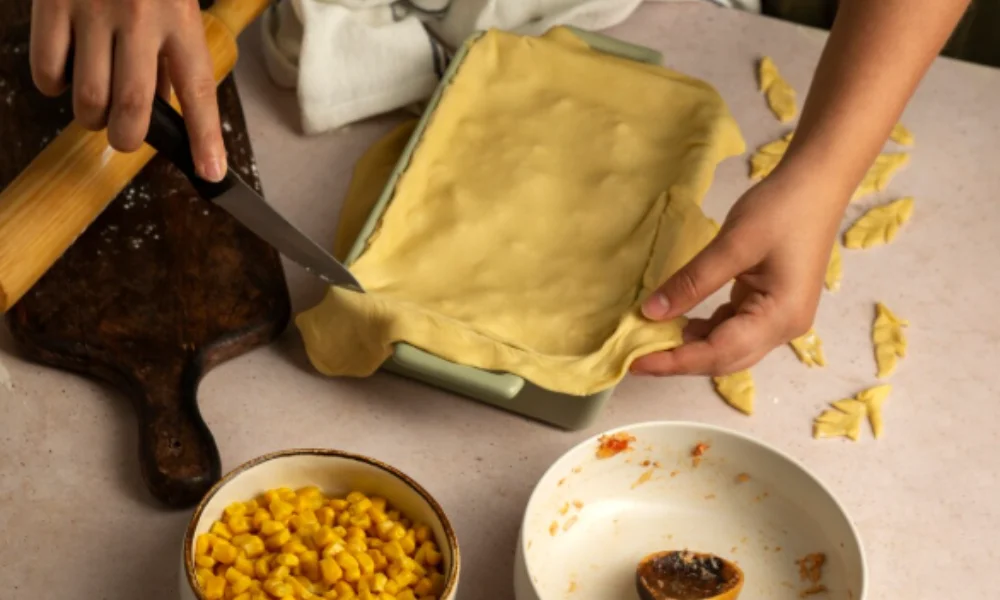 Hands prepare a pie crust in a baking dish, with a knife trimming excess dough