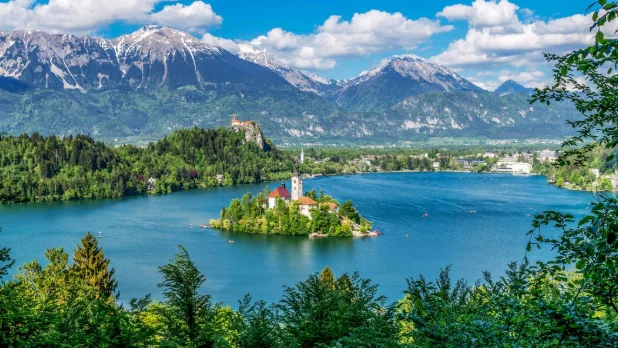 Scenic view of Lake Bled in Slovenia with a church on an island