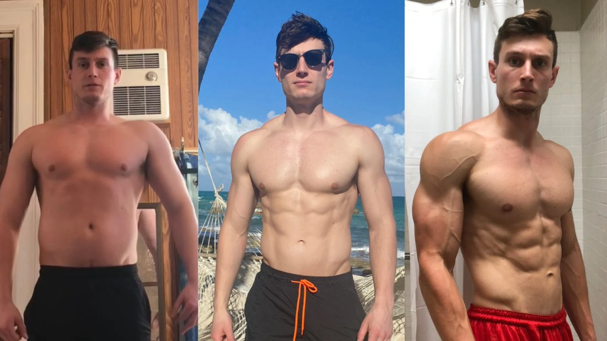 Three images of a shirtless man posing in different settings, showcasing his physique and expressions.