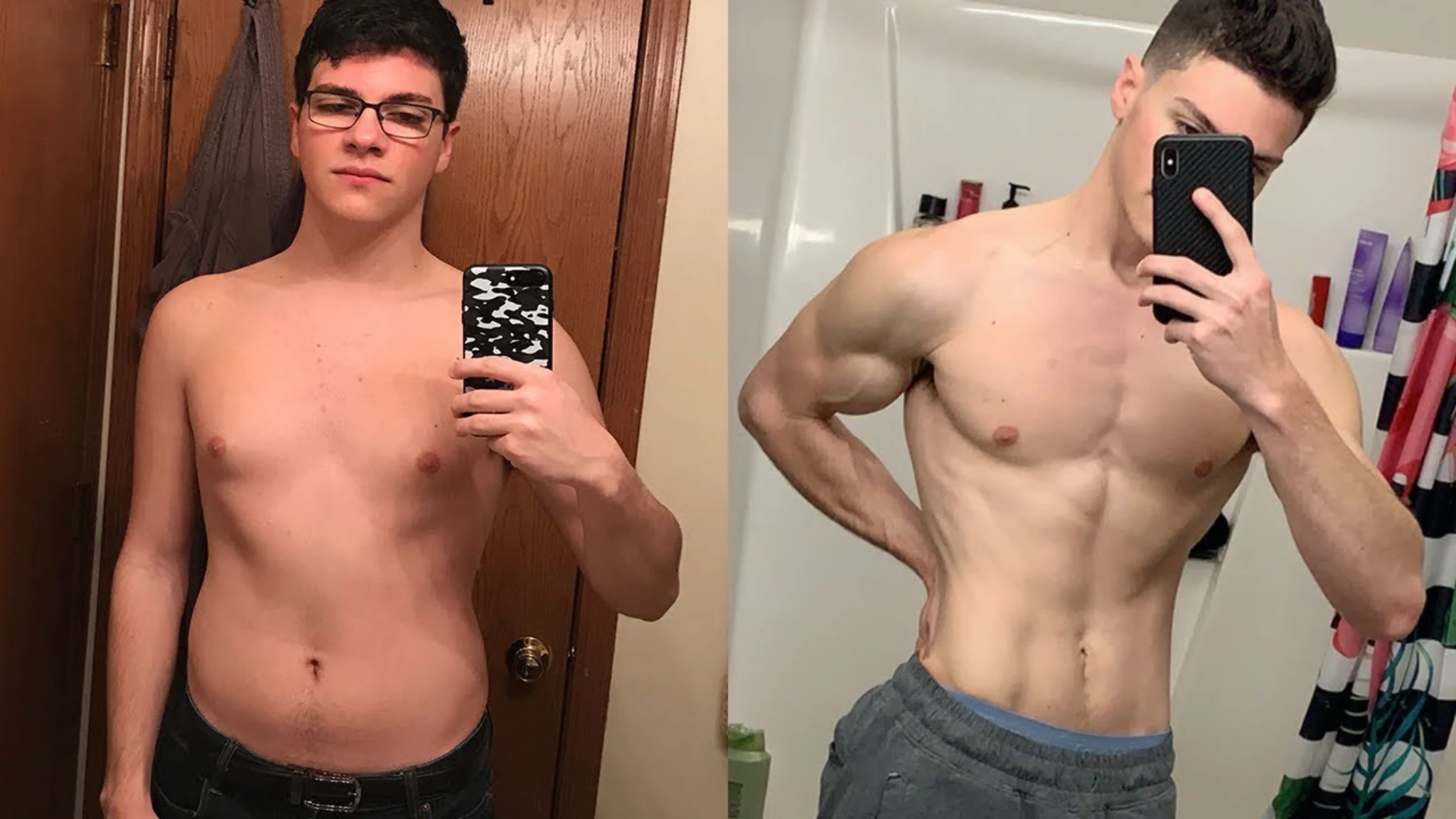 A shirtless man smiling while taking a selfie with a phone, showcasing a casual and relaxed vibe.