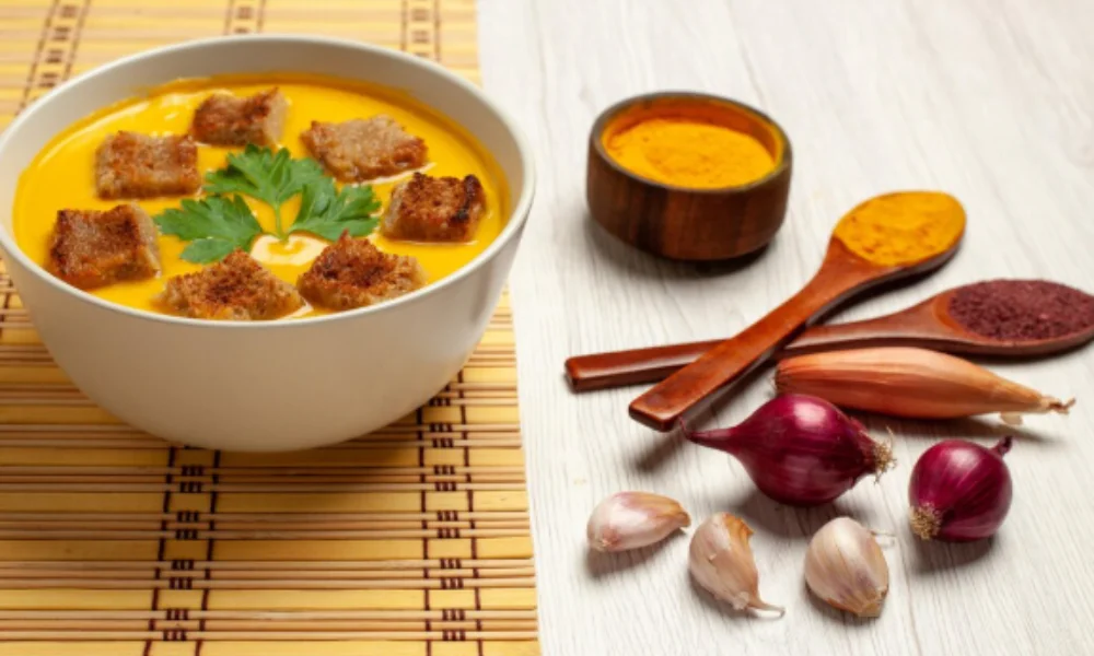 A bowl of creamy orange soup garnished with croutons and a parsley leaf sits on a bamboo mat