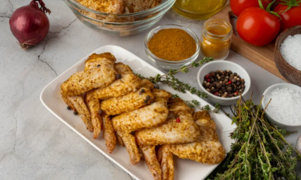 An arrangement of seasoned raw chicken wings on a white plate