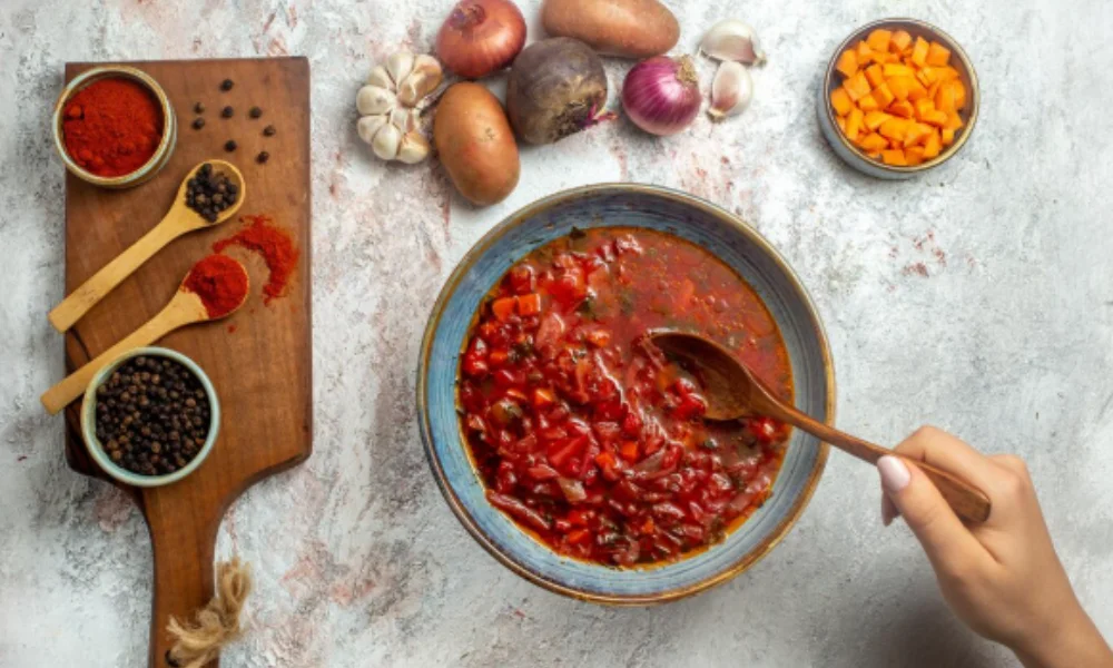 A hand stirs vibrant red soup in a blue bowl