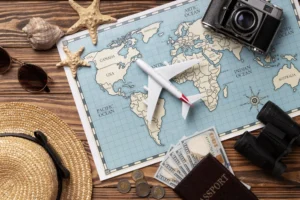 Travel-themed image with a map, airplane model