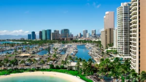 A scenic view of a marina with sailboats docked
