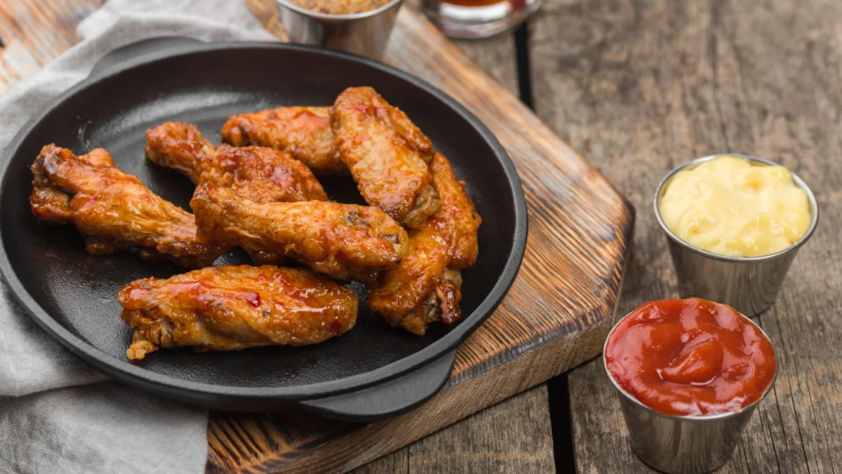 A sizzling black skillet on a wooden board holds crispy