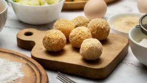 Golden brown croquettes on a wooden board, surrounded by ingredients like eggs
