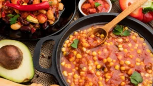 Hearty chili in a cast iron pot, with corn and parsley
