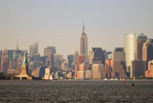 showcasing tall buildings against a clear sky.
