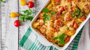A baked casserole dish with melted cheese