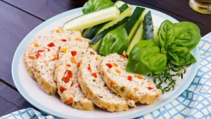 A plate of sliced chicken meatloaf with red and orange peppers