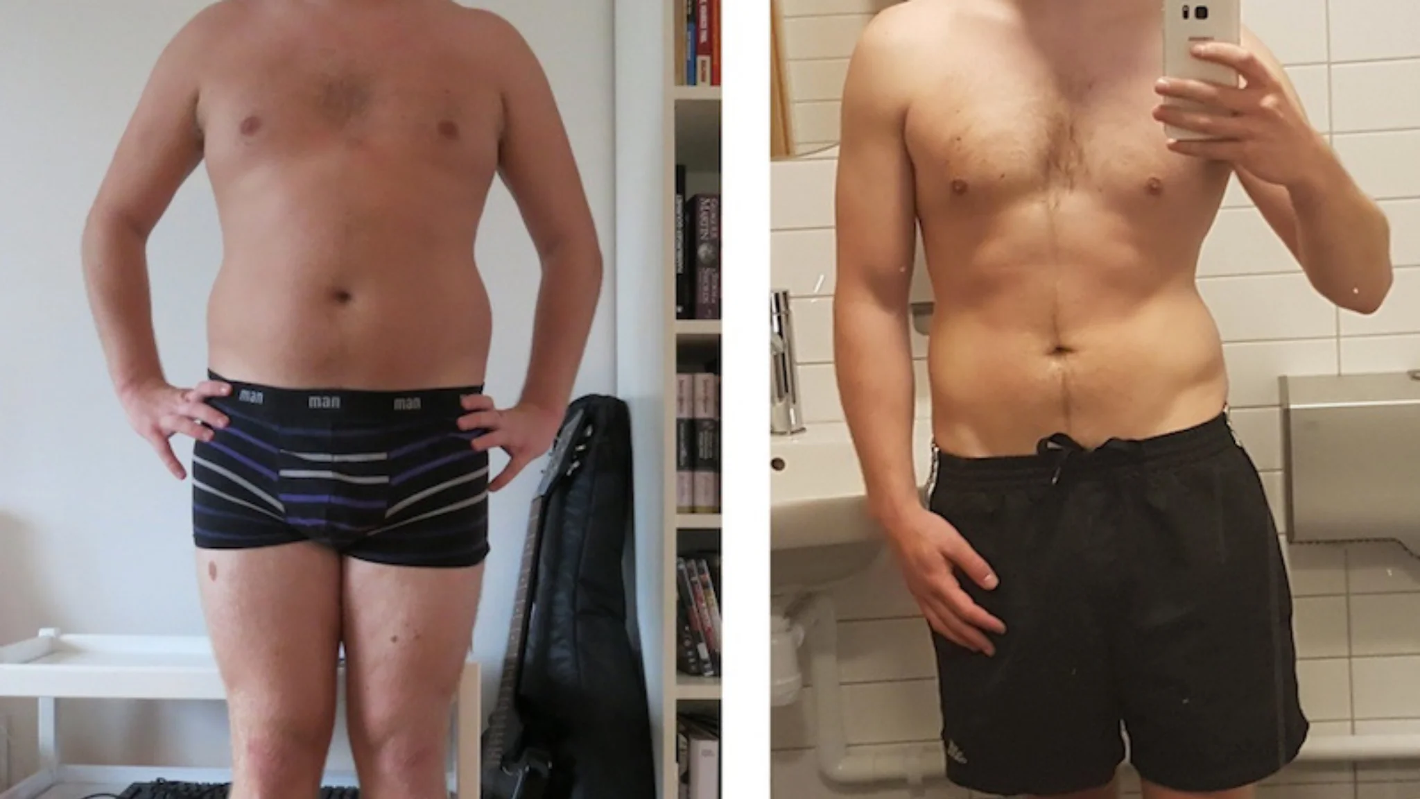 Before and after weight loss, a man in underwear highlights his transformation and improved physique.