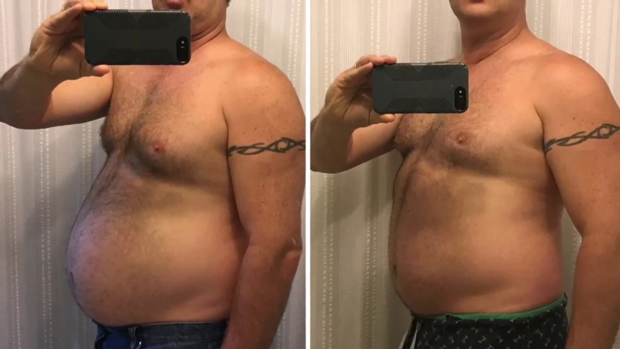 A man shows his tattooed stomach before and after weight loss, highlighting his transformation and fitness journey.