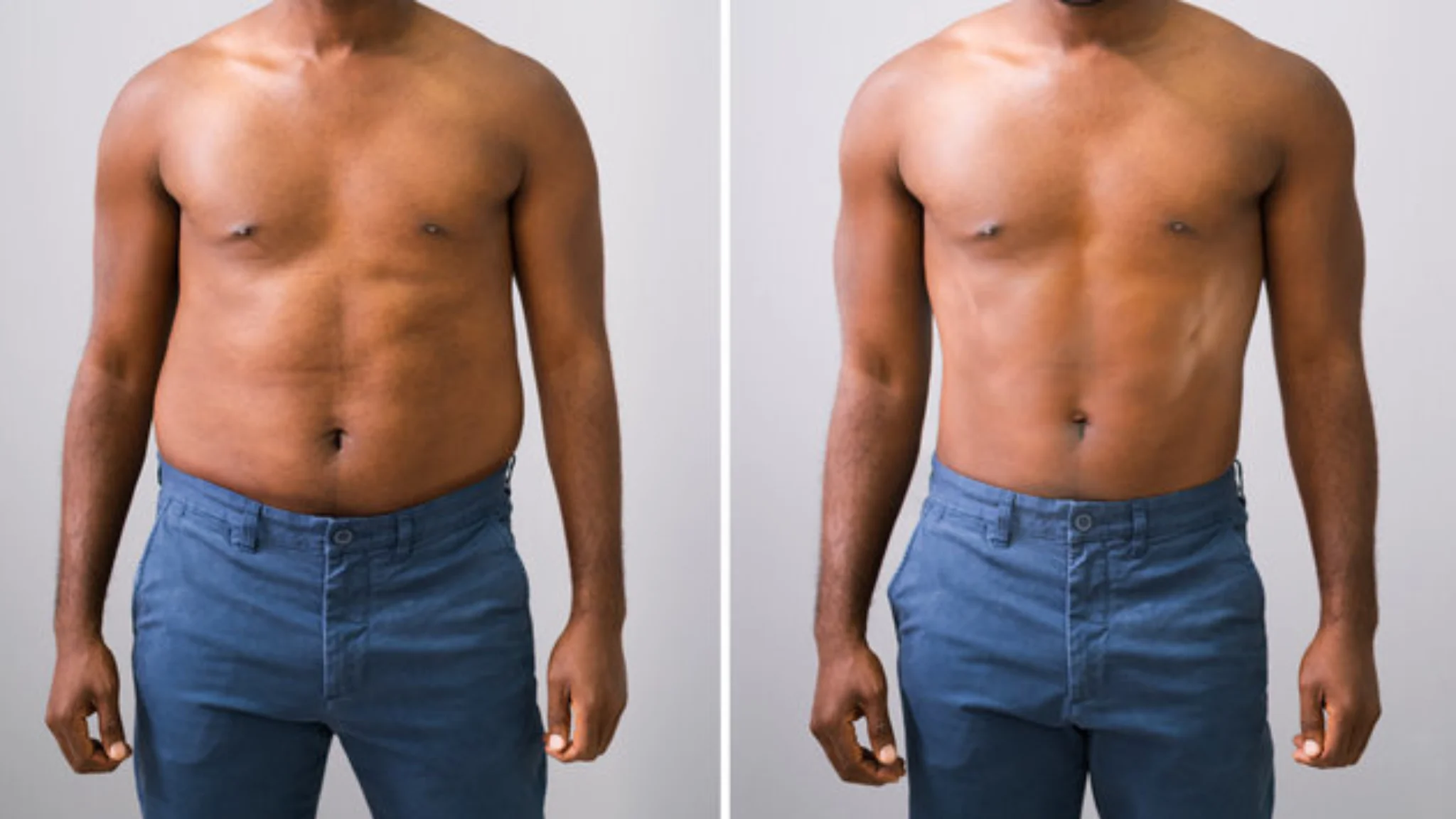 Before and after photos of a shirtless man showing significant physical transformation and improved fitness.