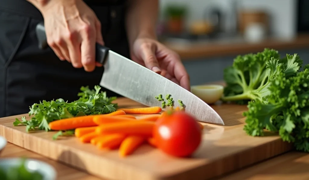 A person using a knife to slice vegetables on a cutting board, surrounded by an array of fresh produce.