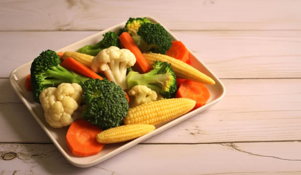 A white plate holds a vibrant bowl of assorted vegetables.