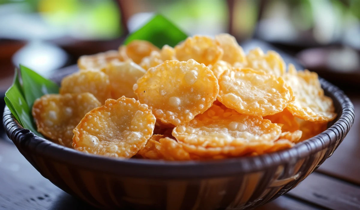 A bowl of crispy fried potato chips sits on a rustic wooden table, invitingly arranged for snacking.