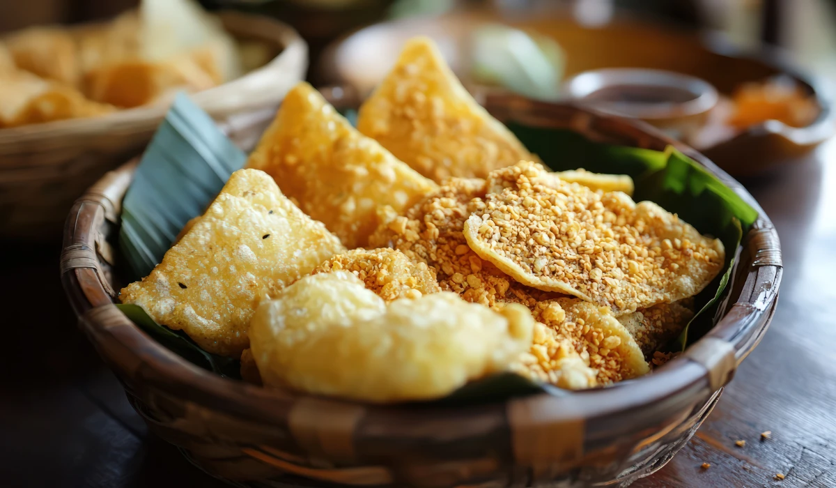 A basket filled with various fried foods, resting on a rustic wooden table.