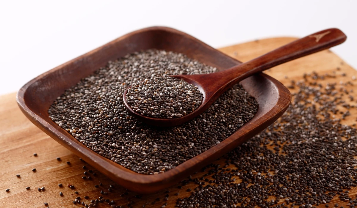 Healthy Chia Seeds in Wooden Bowl