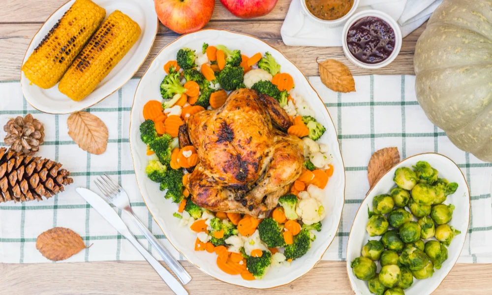 Roasted chicken on a platter-slow cooker chicken healthy