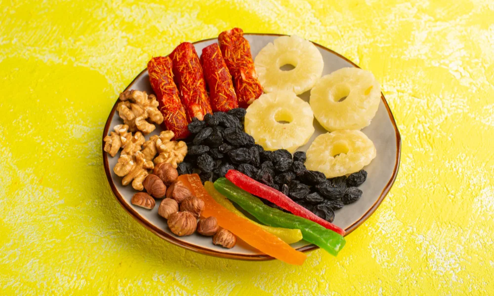 A plate of assorted dried fruits and nuts-healthy no cook meals