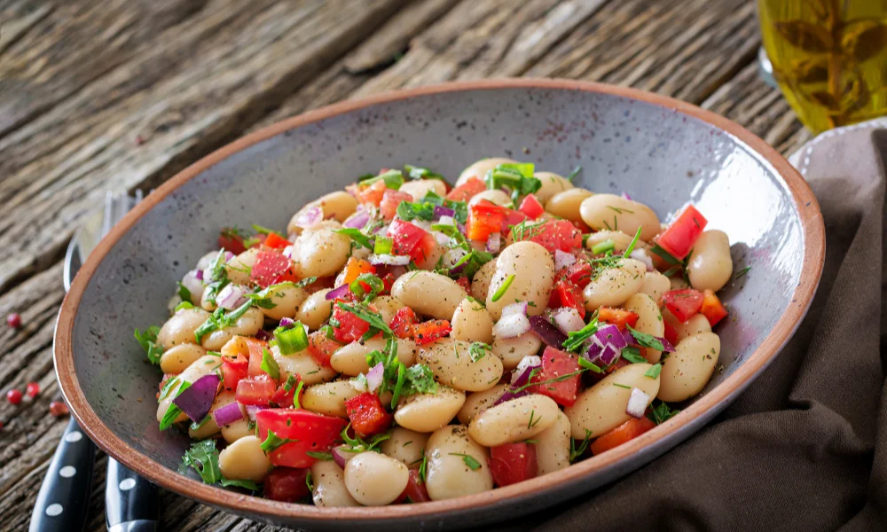 colorful bean salad in a rustic bowl-healthy no cook meals