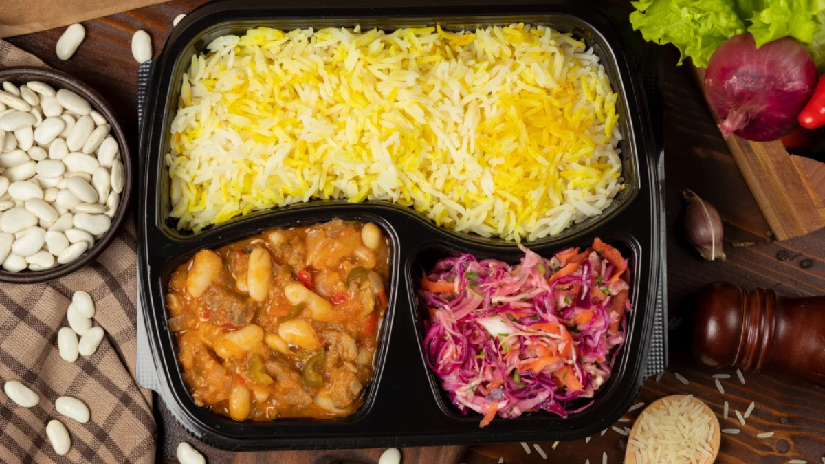yellow and white rice, bean stew with vegetables