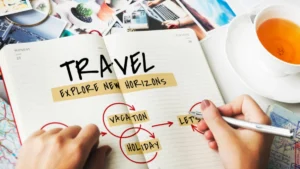 Open notebook with "Travel" and "Explore New Horizons"