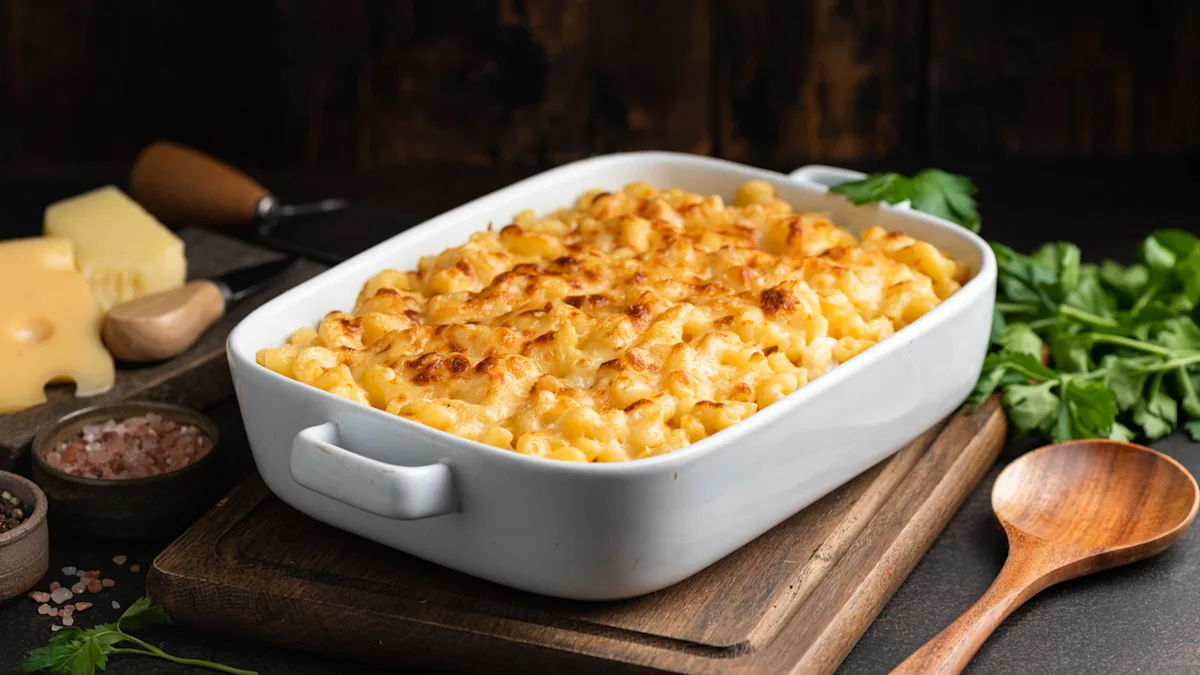 Golden-brown baked macaroni and cheese in a white rectangular ceramic casserole dish, set on a dark wooden board next to cheese blocks, pink salt, fresh parsley, and a wooden spoon.