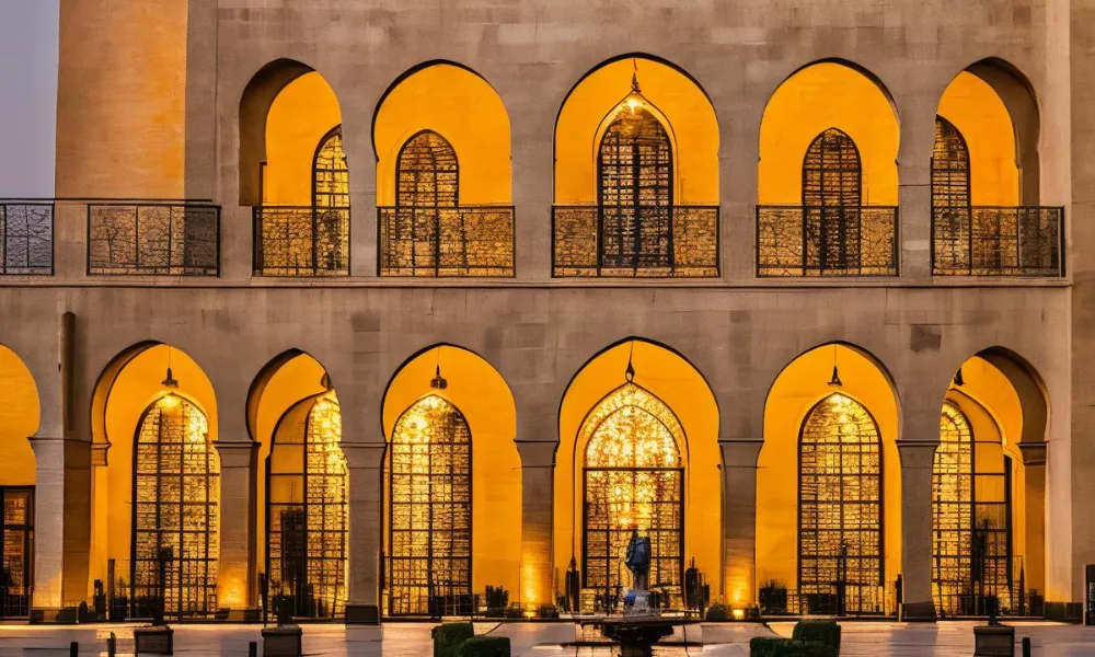 5 must visit places in Dubai including the historic Al Fahidi Neighborhood, showcased by the glowing arches and wind tower architecture at dusk.