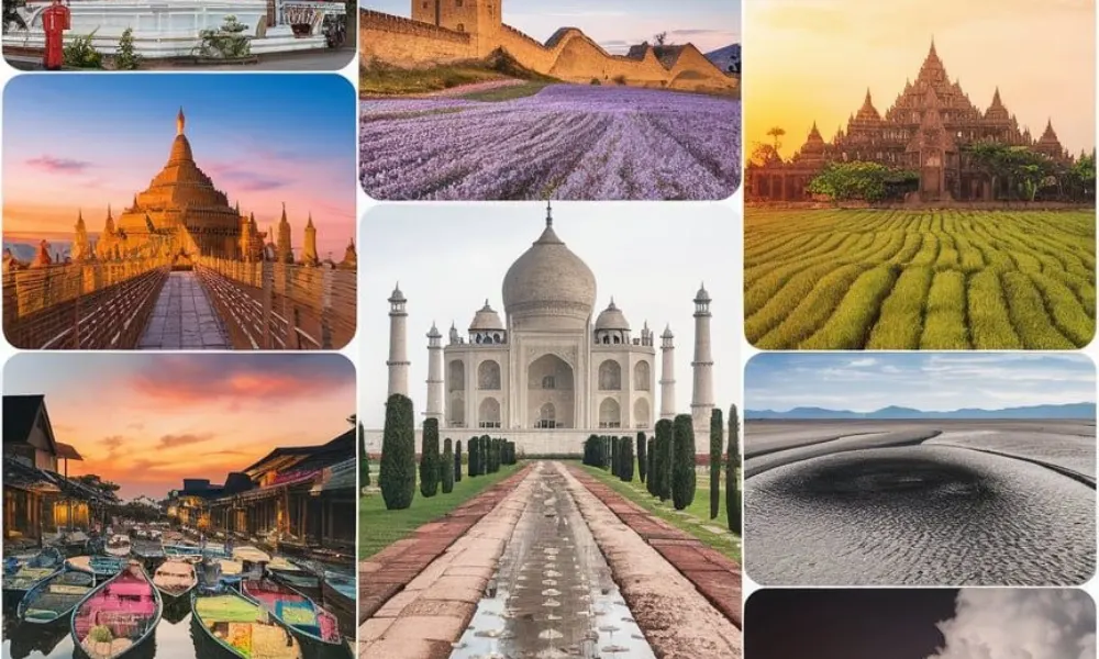 Photo collage of famous travel destinations and monuments across Asia for places to visit in 2027.