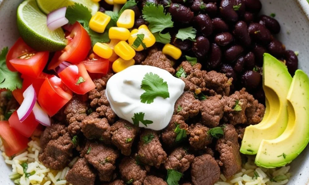 A beef and rice burrito bowl loaded with seasoned ground beef, black beans, corn, fresh diced tomatoes, avocado slices, cilantro, lime, and a dollop of sour cream, perfect for flavorful mexican dinner recipes.