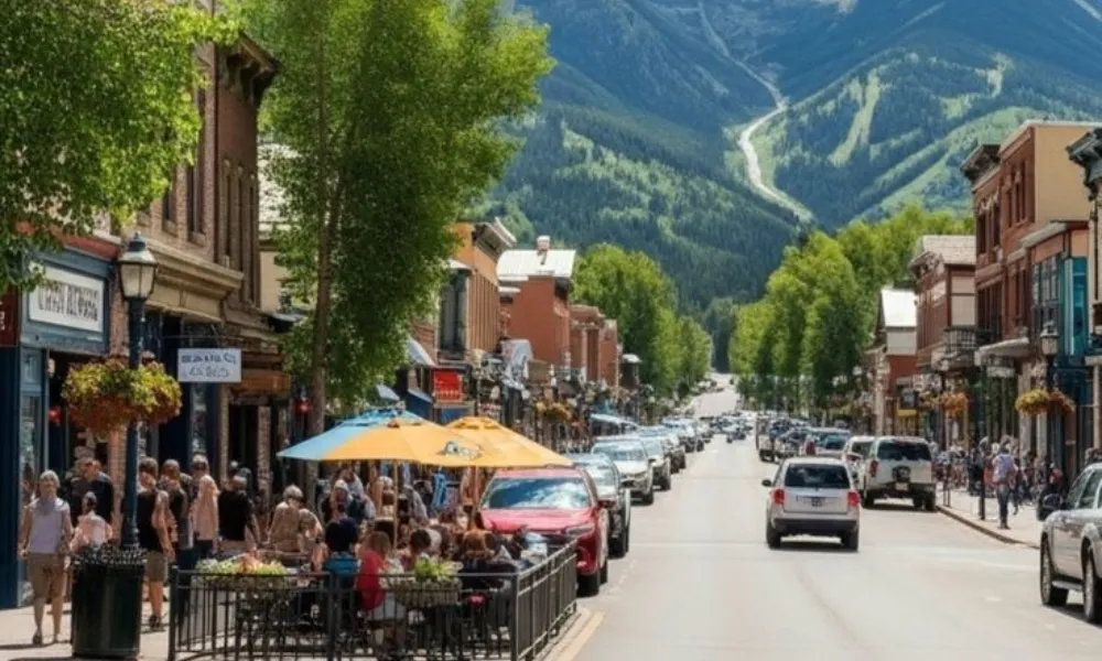Best Ski Resorts in Colorado features a vibrant summer view down Main Street in Breckenridge with outdoor dining, historic buildings, and majestic mountain peaks in the background.