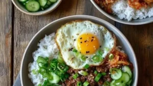A top-down view of a savory beef bulgogi rice bowl topped with a sunny-side-up fried egg, sesame seeds, chopped green onions, kimchi, and sliced cucumbers on a wooden surface, ideal for delicious Korean food reipes.