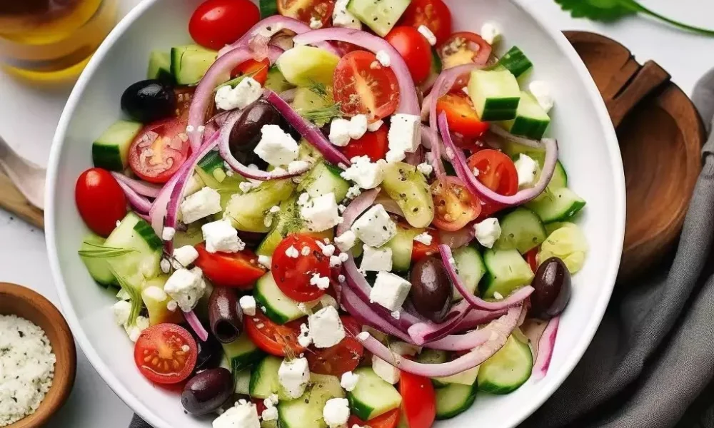 A classic Greek salad served in a large white bowl with diced cucumbers, cherry tomatoes, sliced red onions, Kalamata olives, and crumbled feta cheese, showcasing fresh inspiration for easy Mediterranean recipes