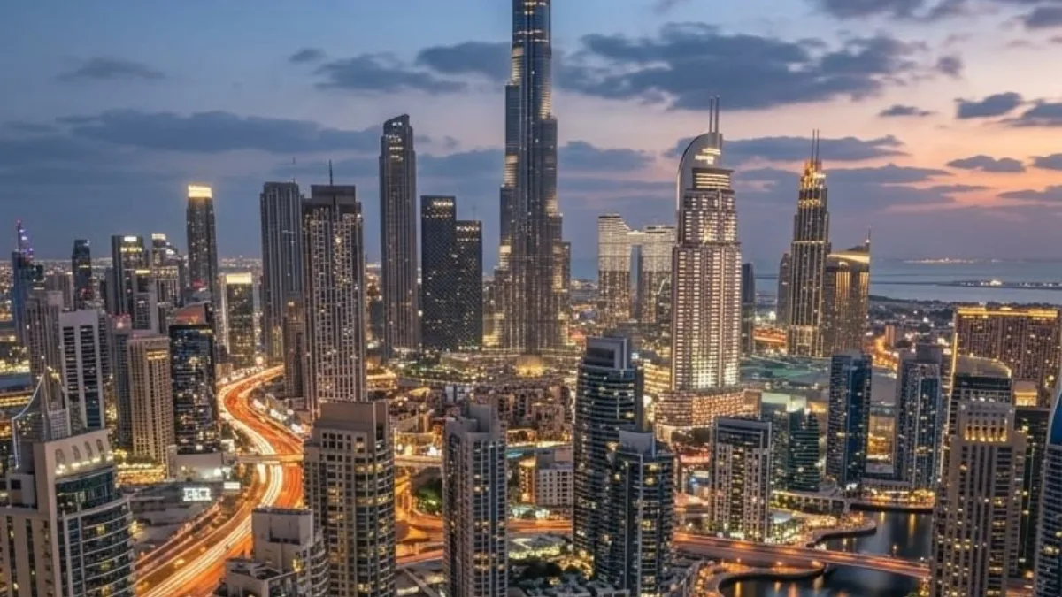 Stunning aerial view of Dubai city skyscrapers at sunset for places to visit in 2027.