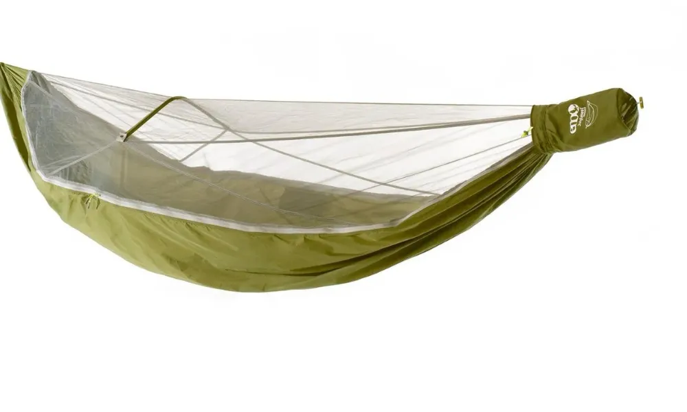 Best Camping Hammocks highlighted in an olive green ENO JungleNest setup with a zippered, vaulted bug netting canopy and attached storage sack.