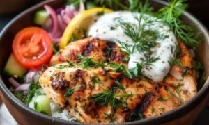A vibrant Mediterranean bowl featuring grilled salmon, fresh tomatoes, cucumbers, sliced red onions, a lemon wedge, fresh dill, and tzatziki sauce, perfect for easy Mediterranean recipes