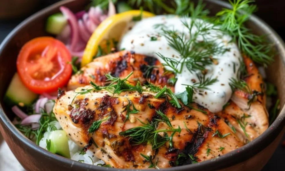 A vibrant Mediterranean bowl featuring grilled salmon, fresh tomatoes, cucumbers, sliced red onions, a lemon wedge, fresh dill, and tzatziki sauce, perfect for easy Mediterranean recipes