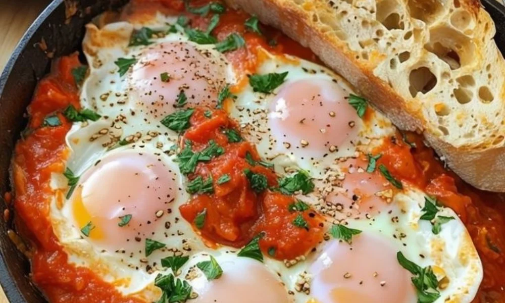 A warm cast-iron skillet filled with homemade shakshuka, featuring poached eggs simmered in a rich tomato sauce garnished with fresh herbs and served with crusty bread, ideal for easy Mediterranean recipes