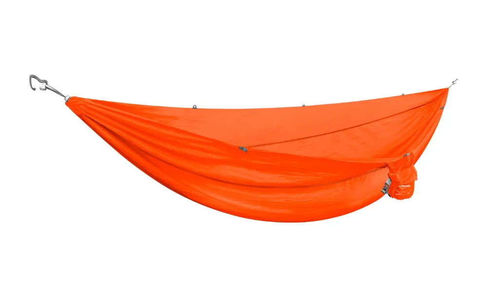 Best Camping Hammocks featured in a vibrant orange double camping hammock with sturdy end carabiners and an attached storage sack.
